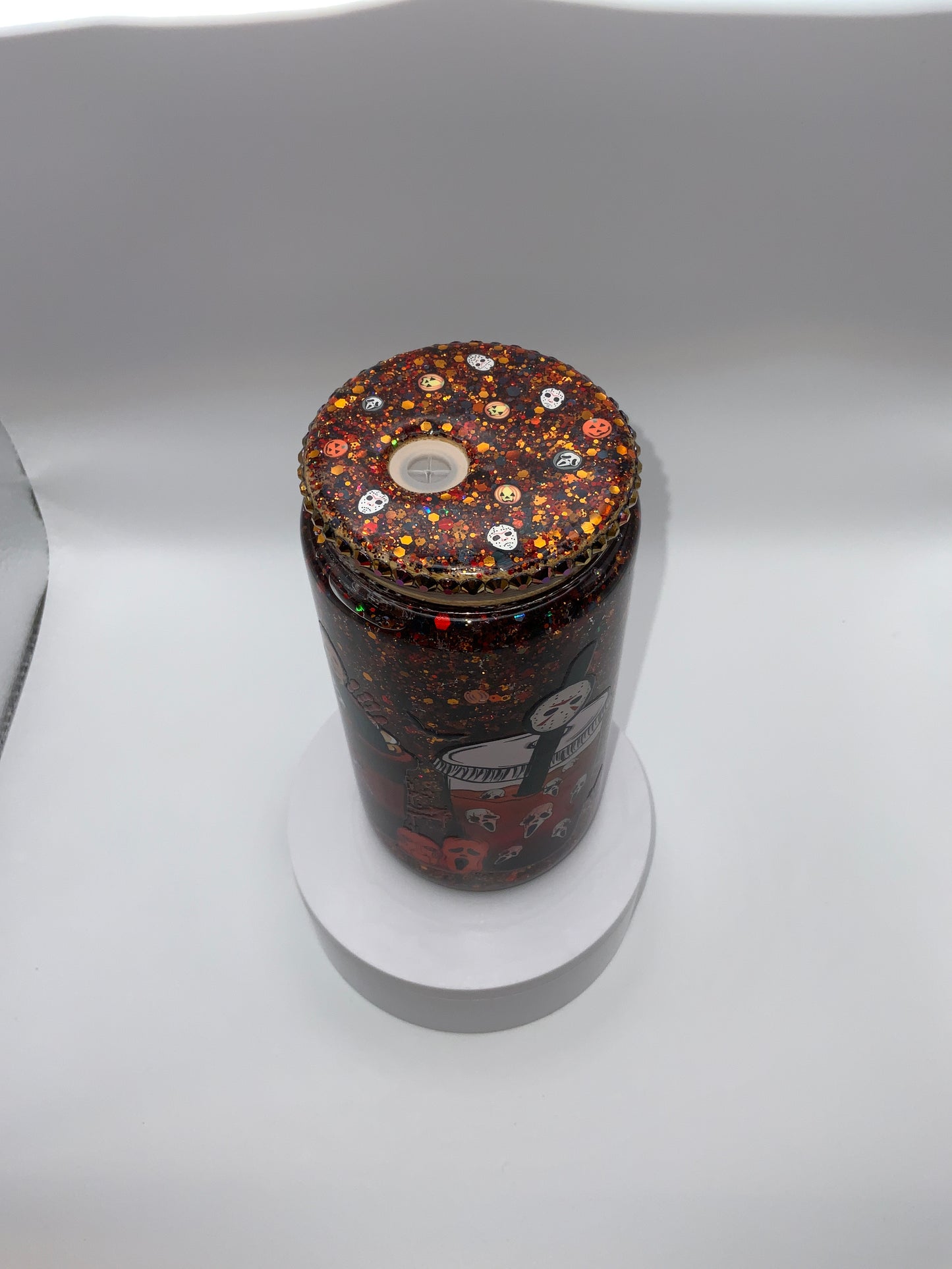 RTS {Freddy, Jason, Micheal Myers} 16 oz Glass Snow Globe Cup Rhinestone/ Glittered Lid