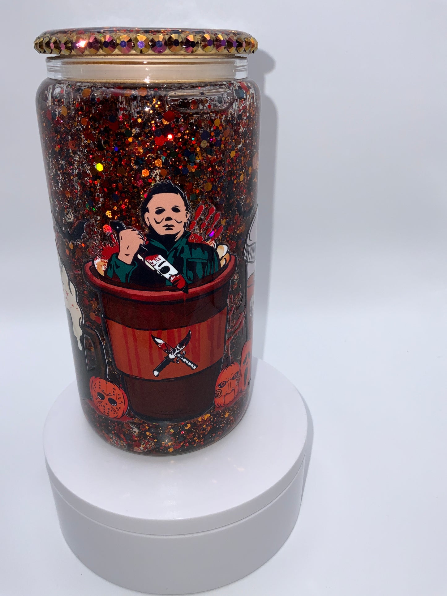 RTS {Freddy, Jason, Micheal Myers} 16 oz Glass Snow Globe Cup Rhinestone/ Glittered Lid