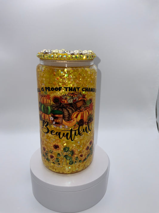 RTS {Fall Is Proof That Change Is Beautiful} 16 oz Glass Snow Globe Cup Rhinestone Lid