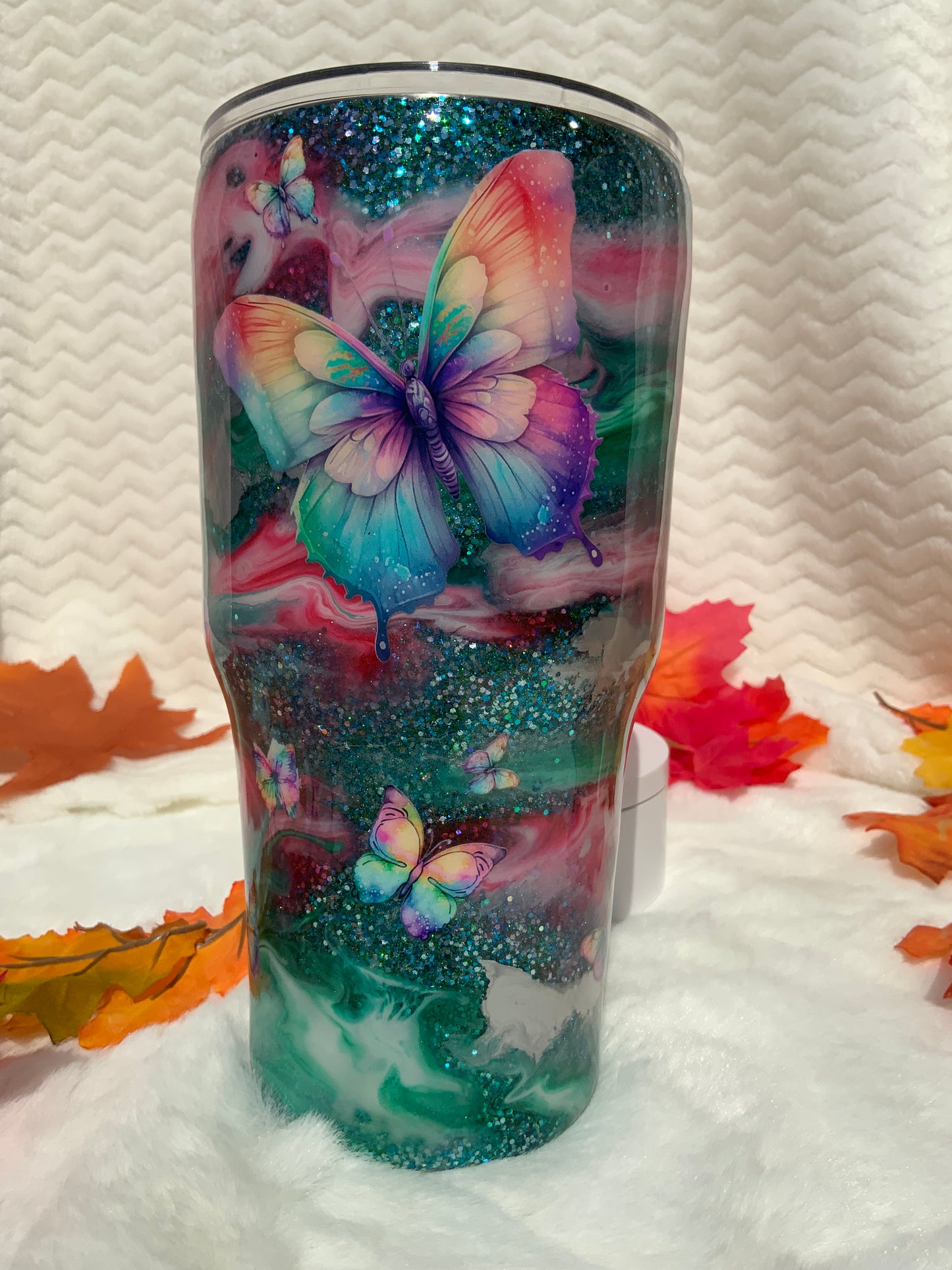 RTS {Colorful Butterflies Pink/Turquoise/White/Silver Base} Alcohol ink 30 oz Modern Curve