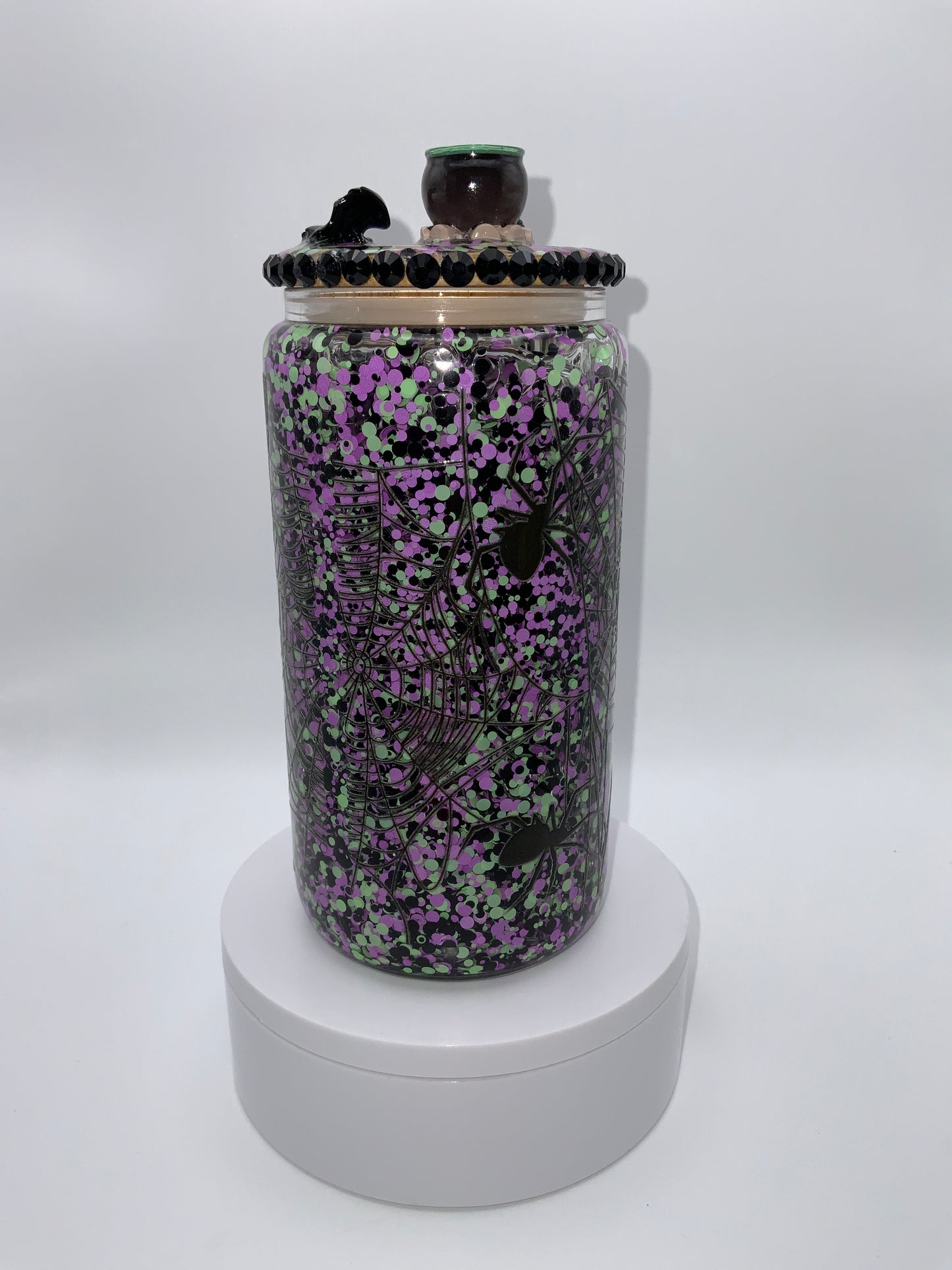 RTS {Witches Brew} 16 oz Glass Snow Globe Cup Rhinestone/ Glittered Lid