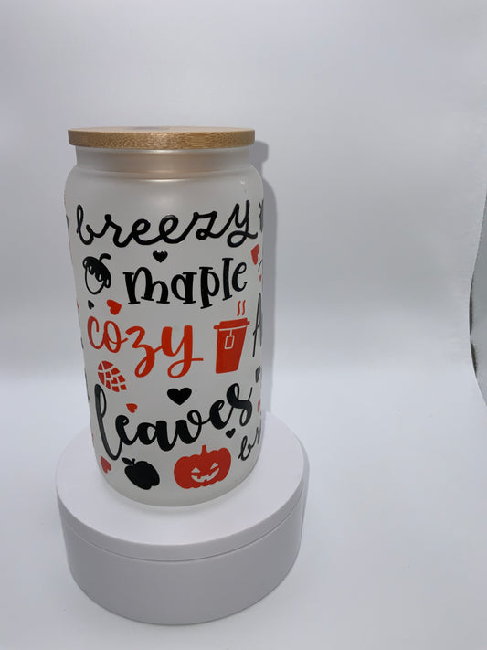 RTS {Fall, Leaves, Maple, Cozy} 16 oz Frosted Glass Cup