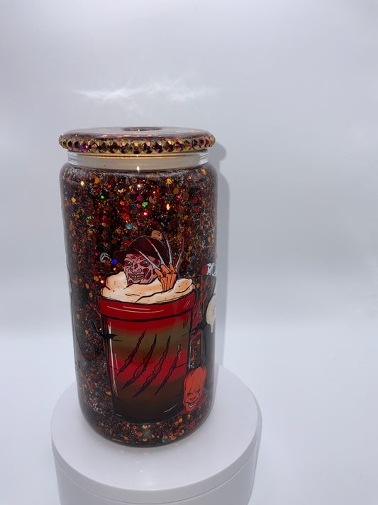 RTS {Freddy, Jason, Micheal Myers} 16 oz Glass Snow Globe Cup Rhinestone/ Glittered Lid