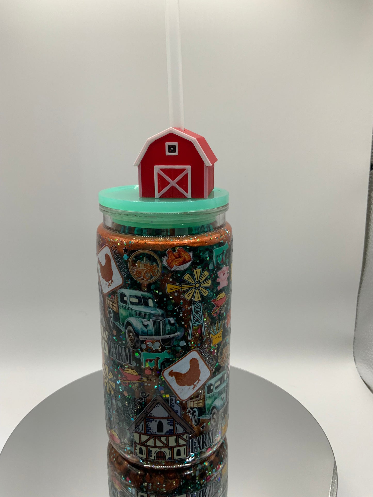 RTS {Farm Animals And Blue Truck Acrylic Snow Globe Cup} 16 oz