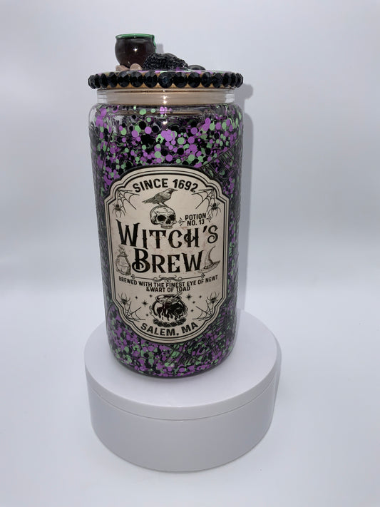 RTS {Witches Brew} 16 oz Glass Snow Globe Cup Rhinestone/ Glittered Lid