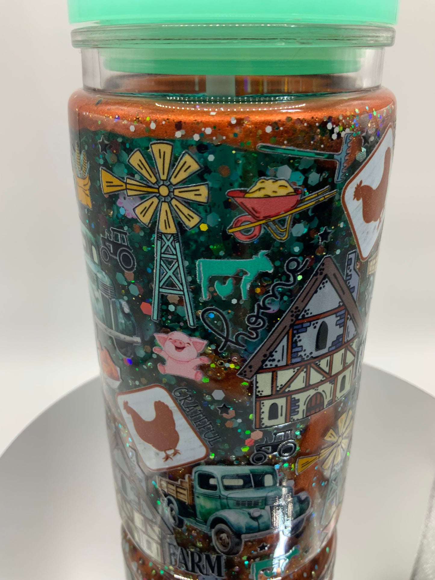 RTS {Farm Animals And Blue Truck Acrylic Snow Globe Cup} 16 oz