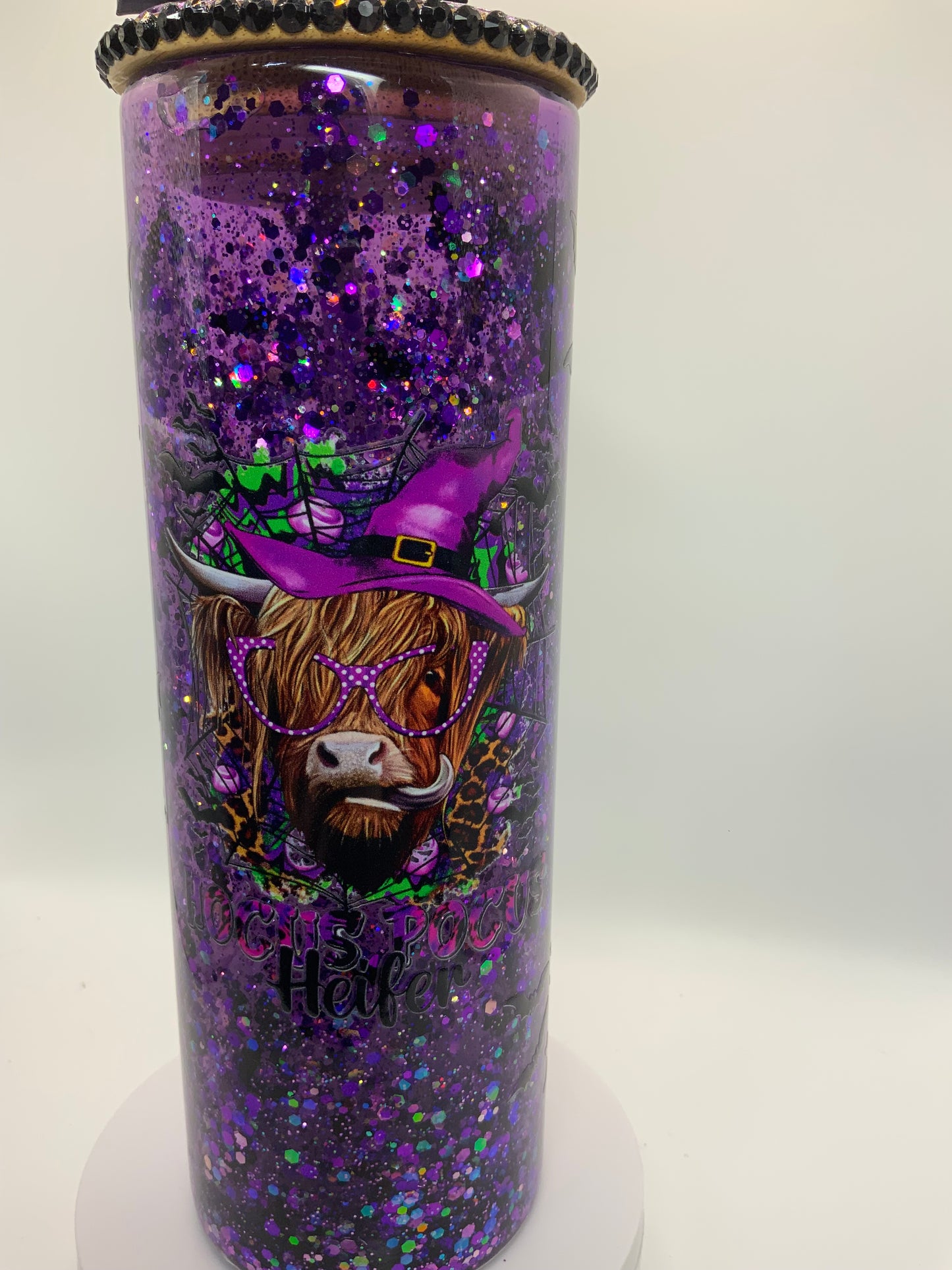 RTS {Hocus Pocus Heifer} 20 oz Glass Snow Globe Rhinestone/ Glittered Lid