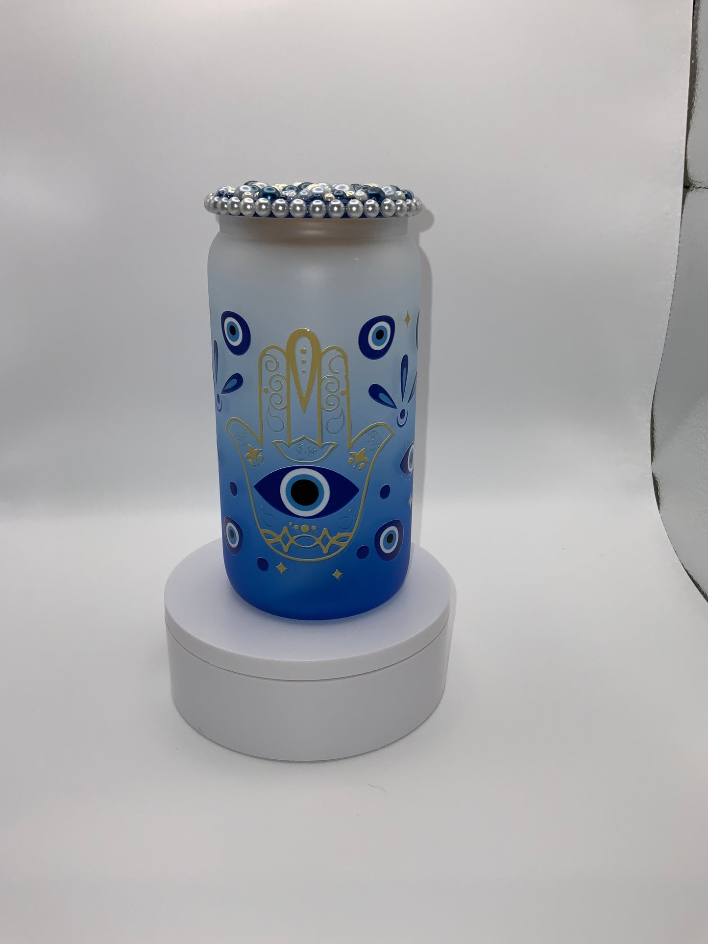 RTS {Evil Eye} 16 oz Glass Cup Rhinestone Lid