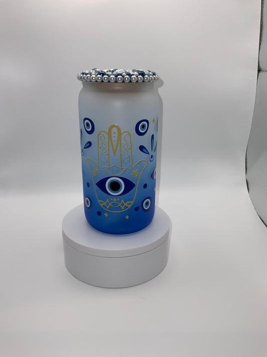 RTS {Evil Eye} 16 oz Glass Cup Rhinestone Lid