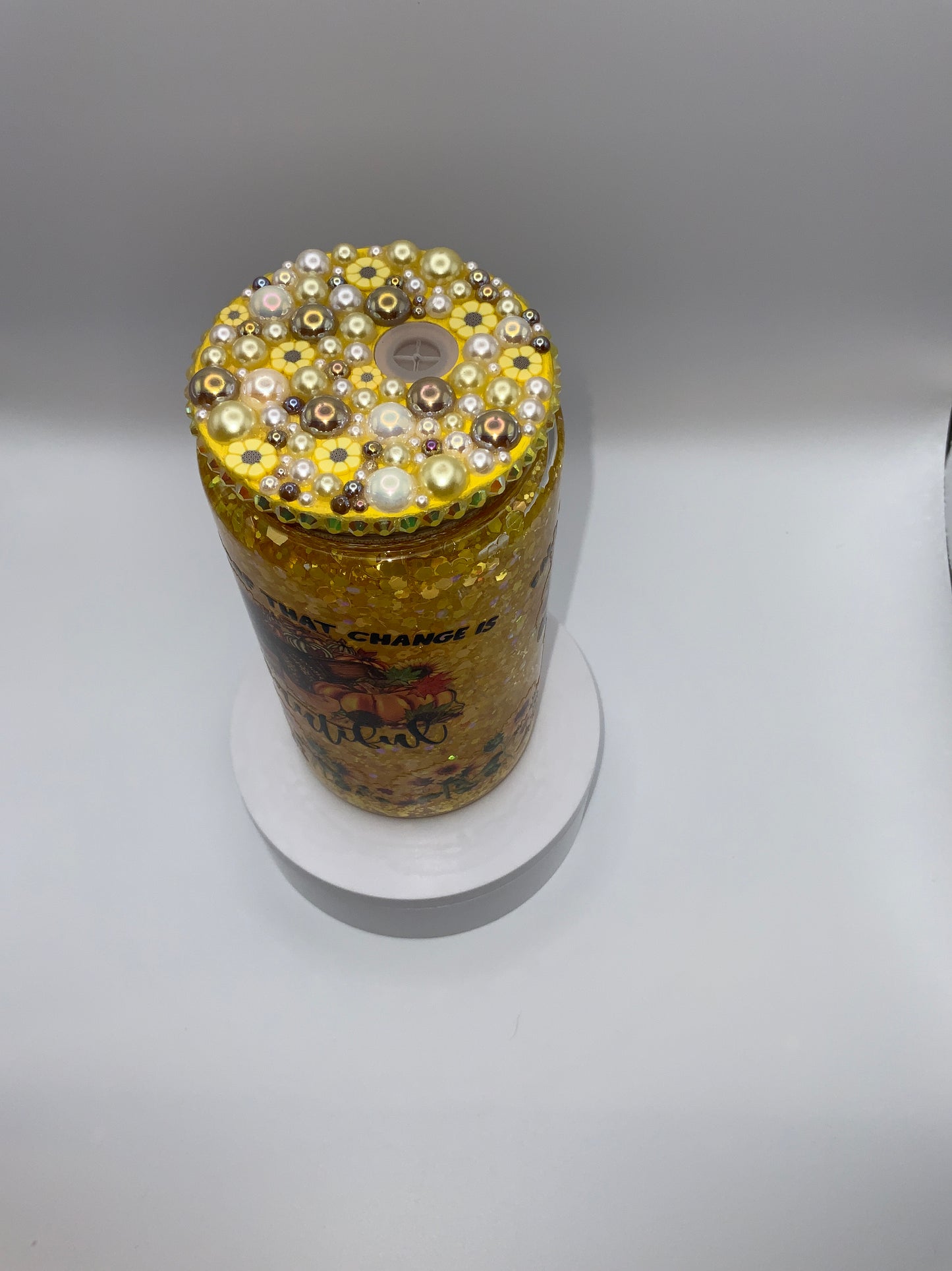 RTS {Fall Is Proof That Change Is Beautiful} 16 oz Glass Snow Globe Cup Rhinestone Lid
