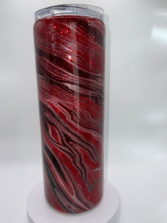RTS {Red Glitter Base/ Gunmetal,Black,White} 20 oz Skinny Hydro dipped