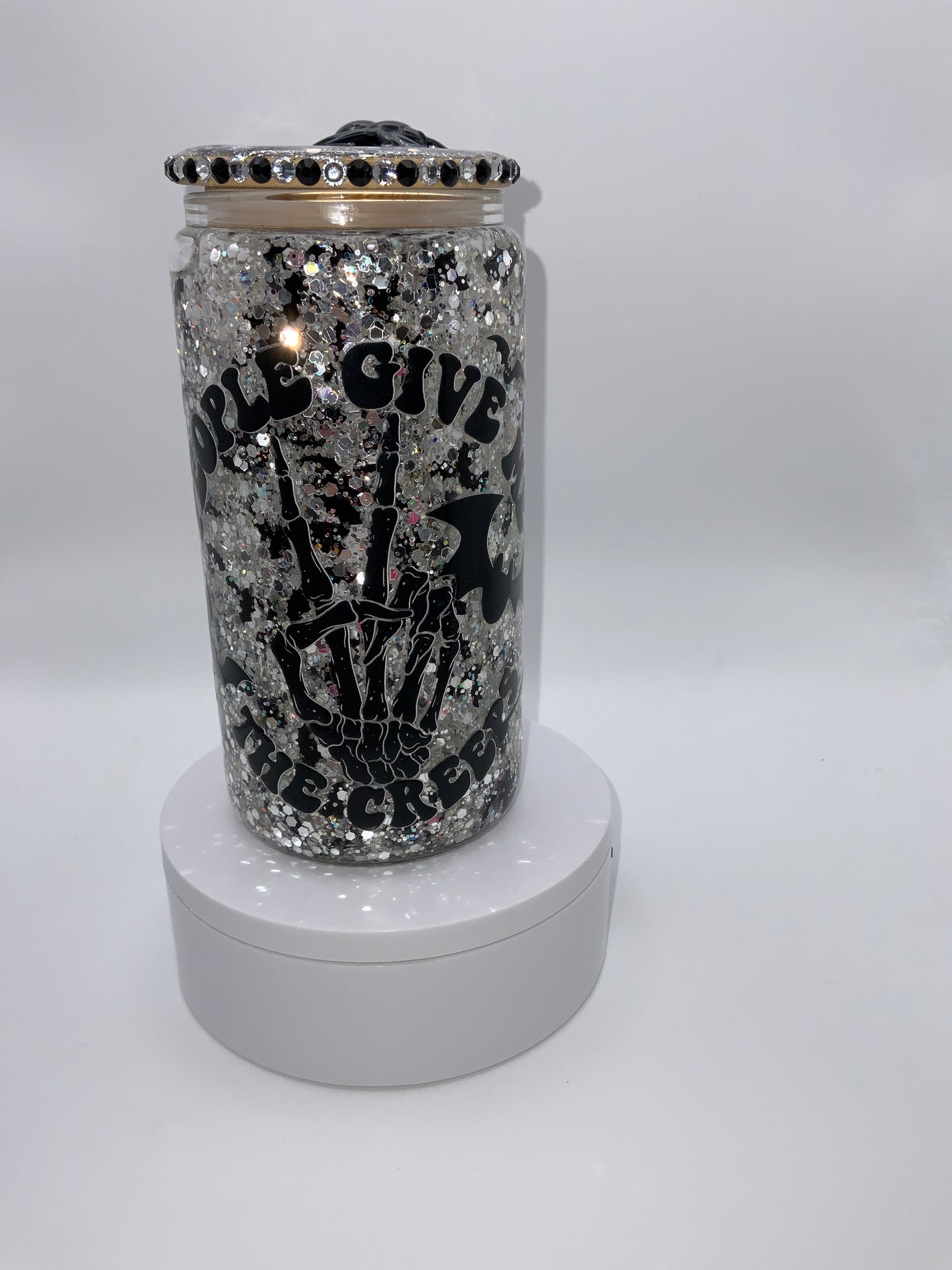 RTS {People Give Me The Creeps} 16 oz Glass Snow Globe Cup Rhinestone/ Glittered Lid