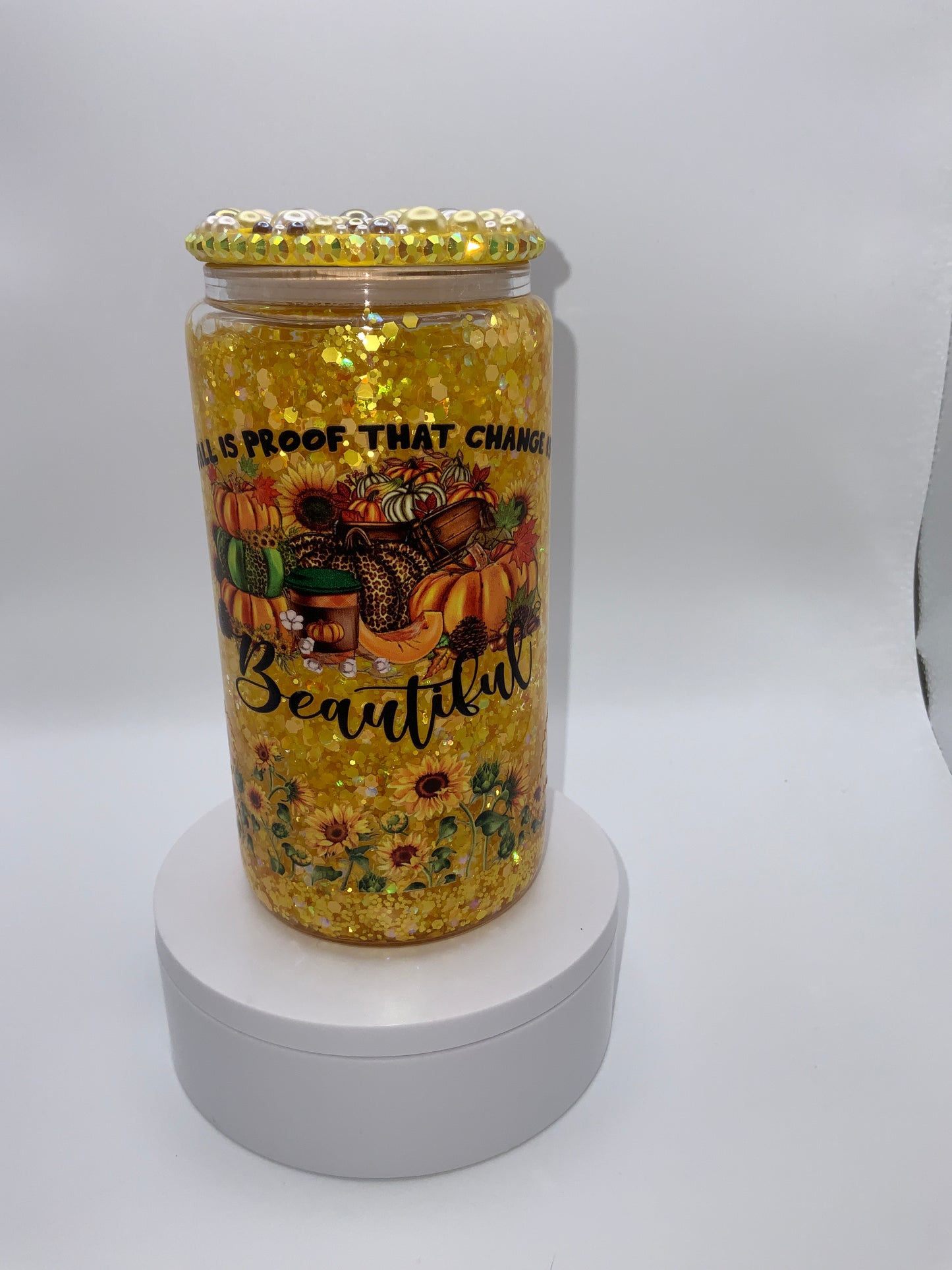 RTS {Fall Is Proof That Change Is Beautiful} 16 oz Glass Snow Globe Cup Rhinestone Lid
