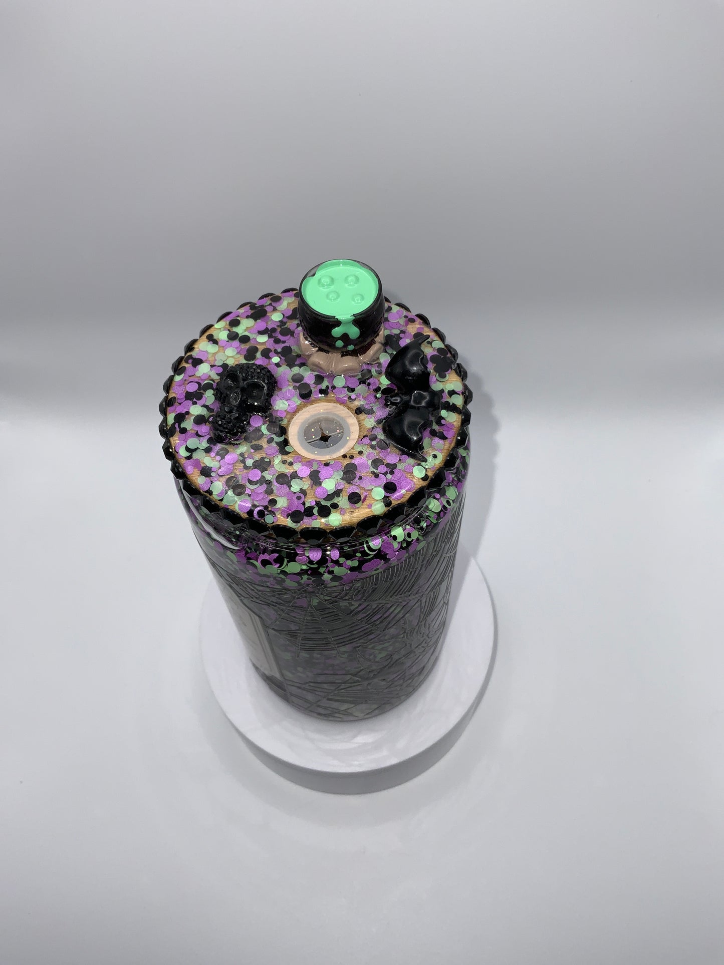 RTS {Witches Brew} 16 oz Glass Snow Globe Cup Rhinestone/ Glittered Lid