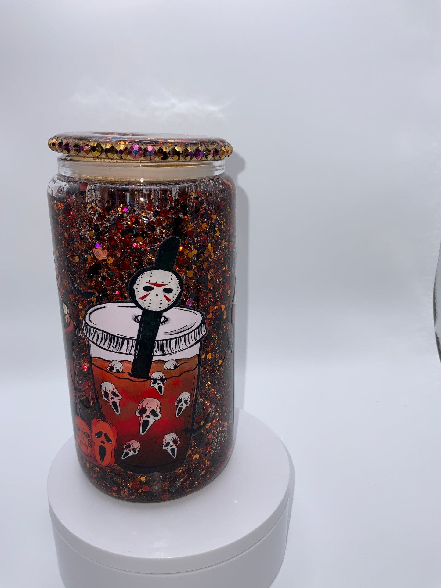 RTS {Freddy, Jason, Micheal Myers} 16 oz Glass Snow Globe Cup Rhinestone/ Glittered Lid