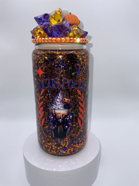 RTS {Hocus Pocus} 16 oz Glass Snow Globe Cup Rhinestone/ Glittered Lid