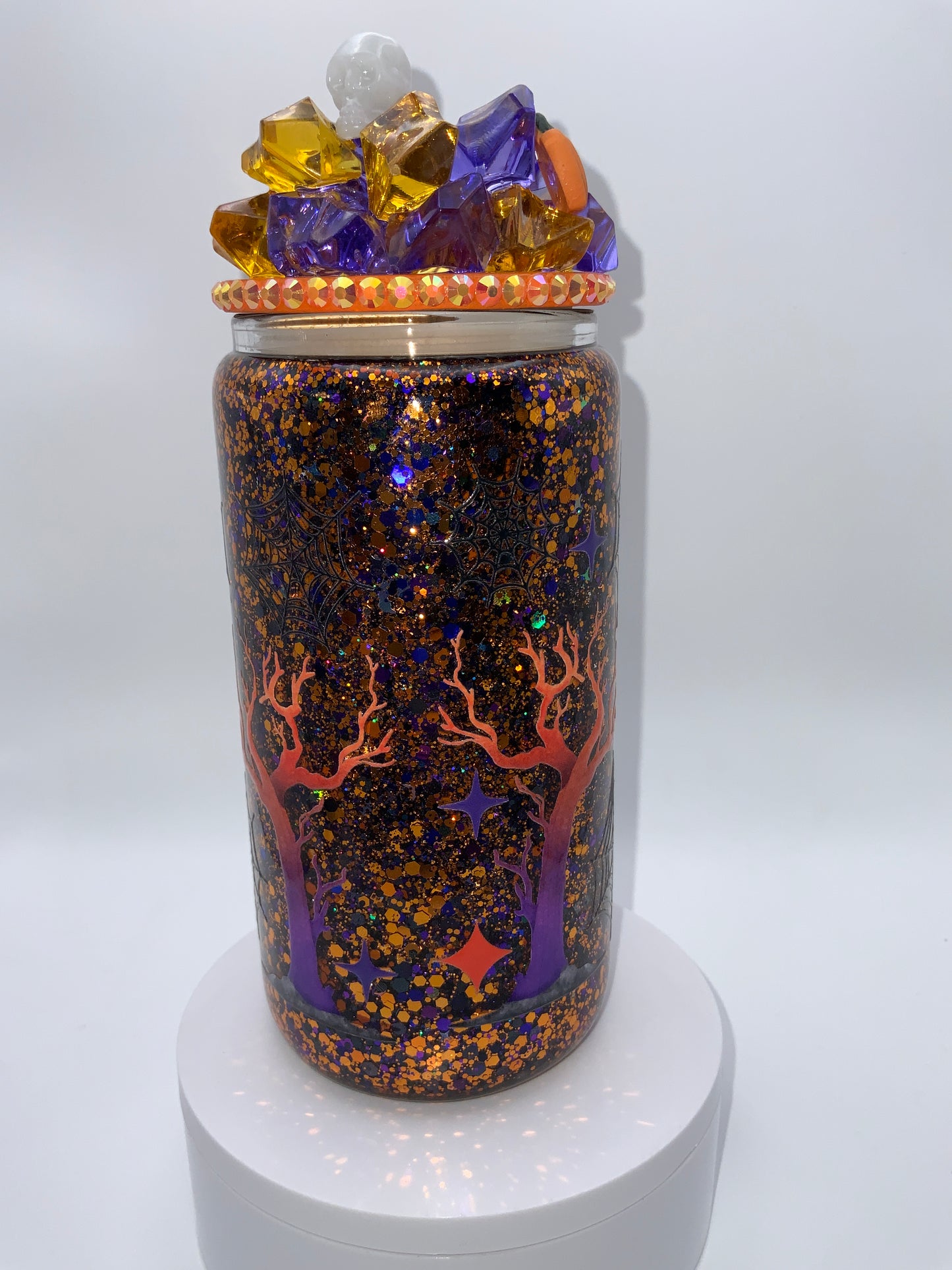RTS {Hocus Pocus} 16 oz Glass Snow Globe Cup Rhinestone/ Glittered Lid
