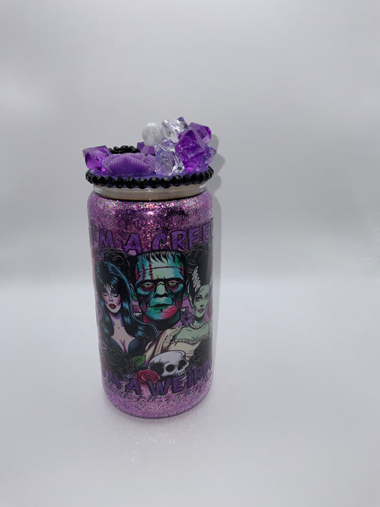 RTS {I’m A Creep I’m A Weirdo} 16 oz Glass Glittered Globe Cup Rhinestone/ Ice Topper