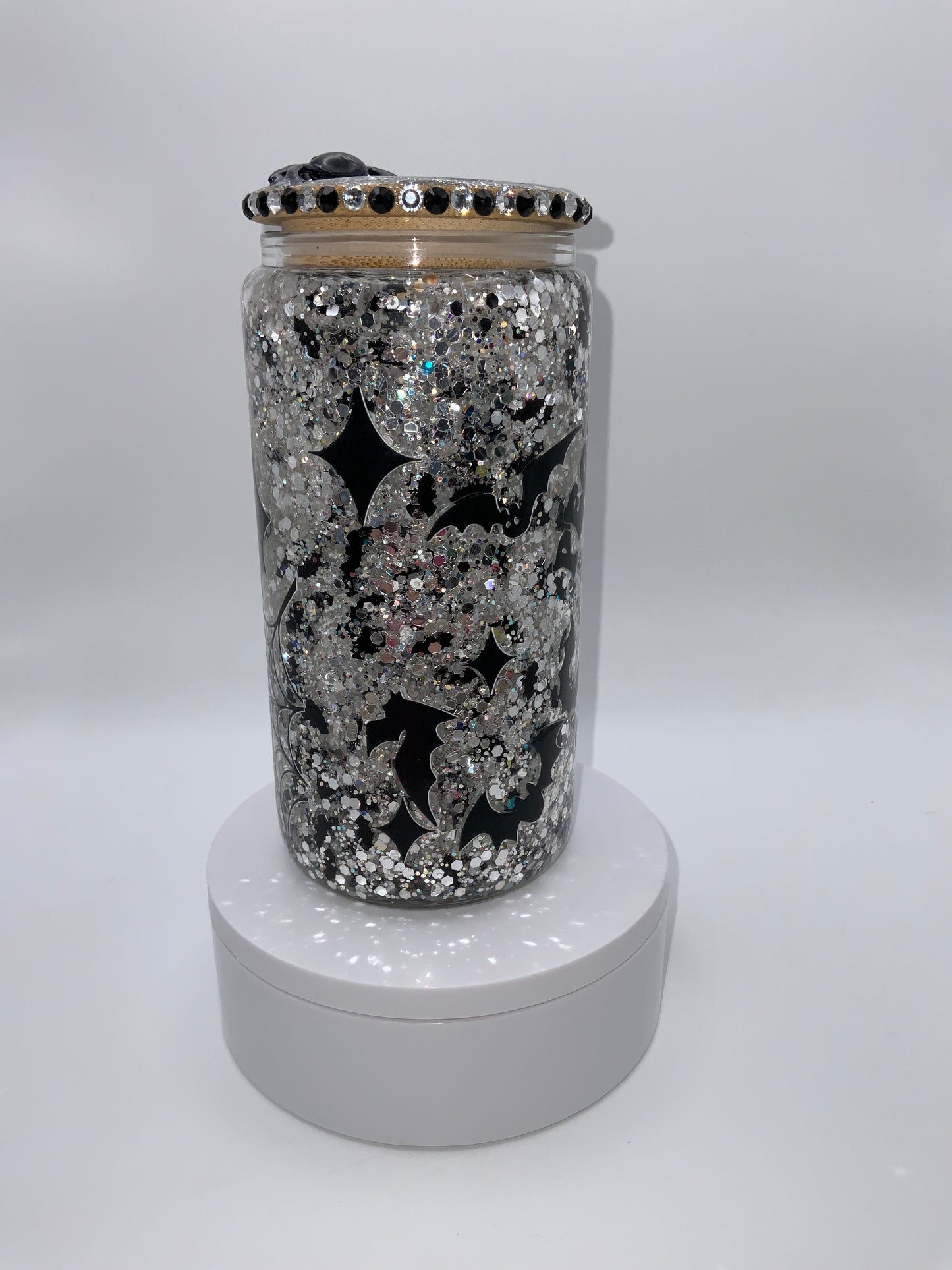 RTS {People Give Me The Creeps} 16 oz Glass Snow Globe Cup Rhinestone/ Glittered Lid