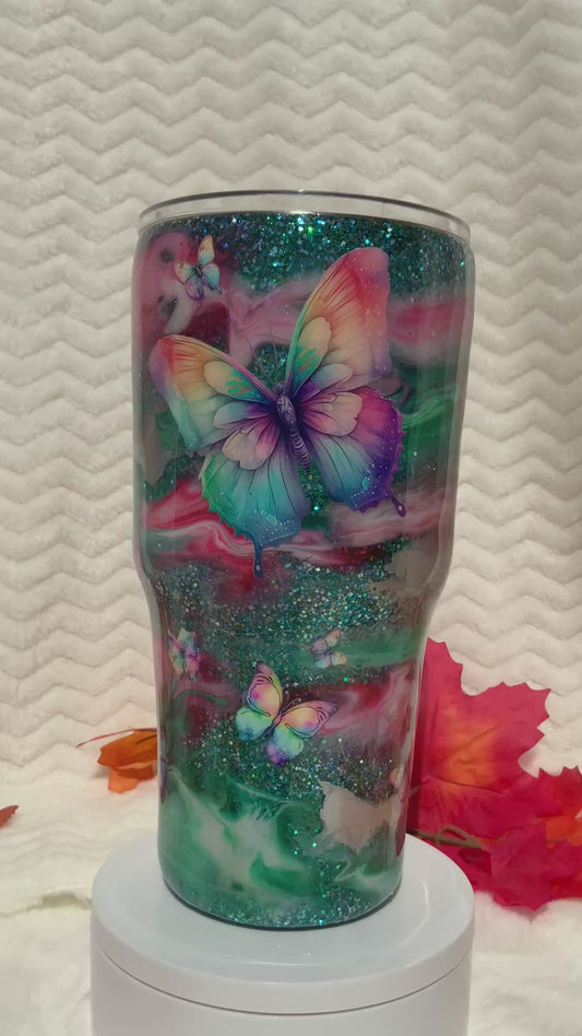 RTS {Colorful Butterflies Pink/Turquoise/White/Silver Base} Alcohol ink 30 oz Modern Curve
